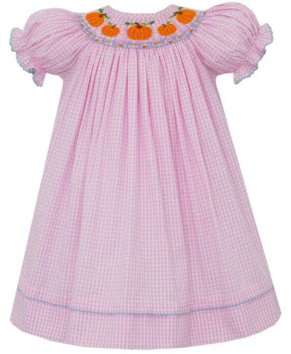 Pumpkins Pink Plaid Smocked Bishop Dress with Pockets