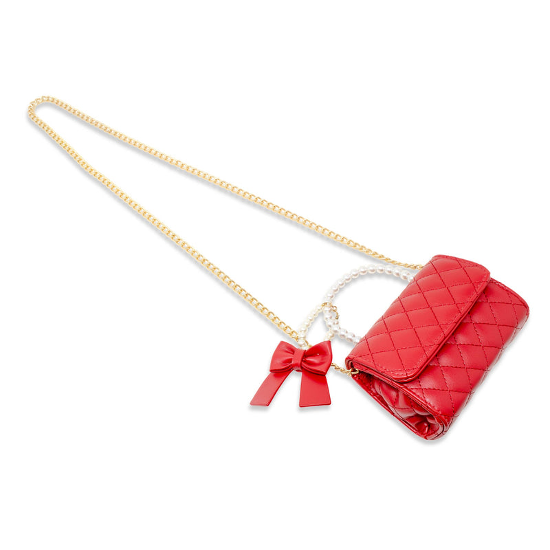 Quilted Pearl Handle Bow Ribbon Handbag- Red