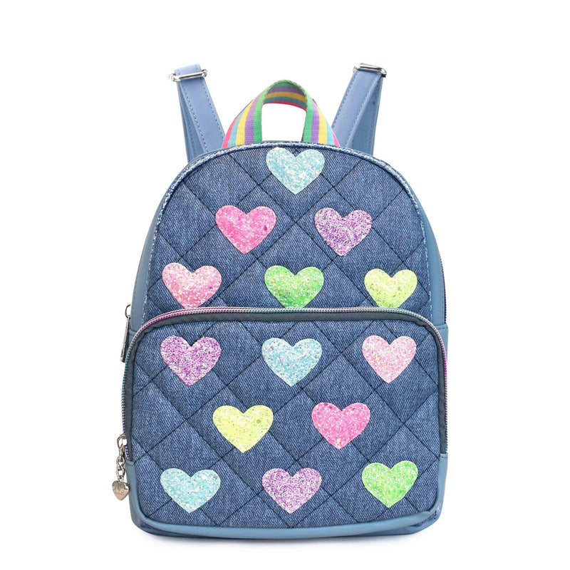 Quilted Heart-Patched Denim-Printed Mini Backpack