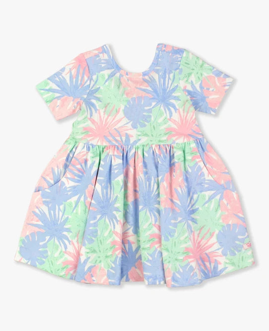 Pastel Palms Short Sleeve Twirl Dress