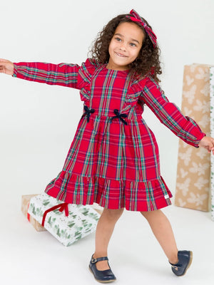 Tis the Season Plaid - Long Sleeve Pinafore Bow Dress