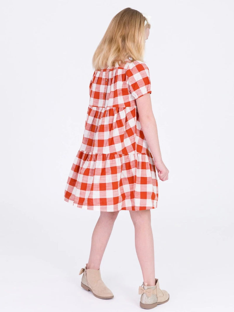 Rust Plaid Puff Short Sleeve Tiered Dress