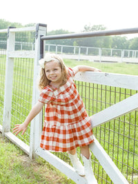 Rust Plaid Puff Short Sleeve Tiered Dress