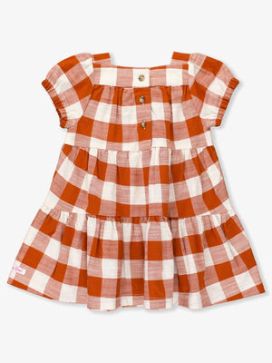 Rust Plaid Puff Short Sleeve Tiered Dress