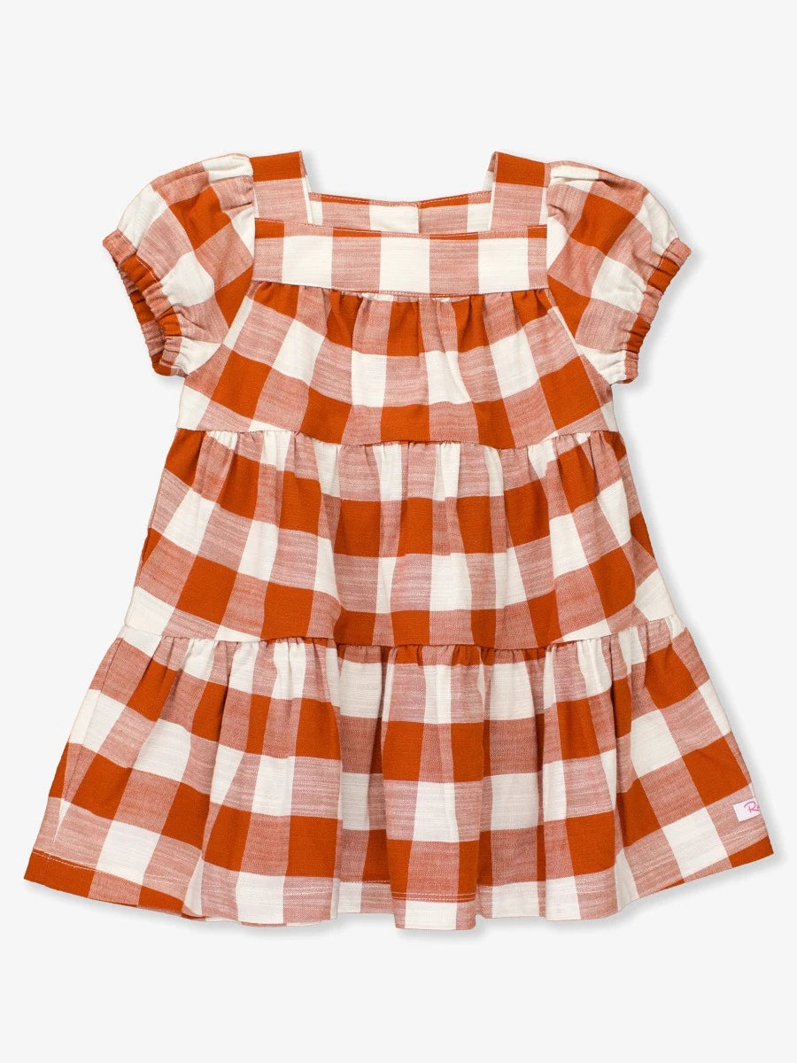 Rust Plaid Puff Short Sleeve Tiered Dress