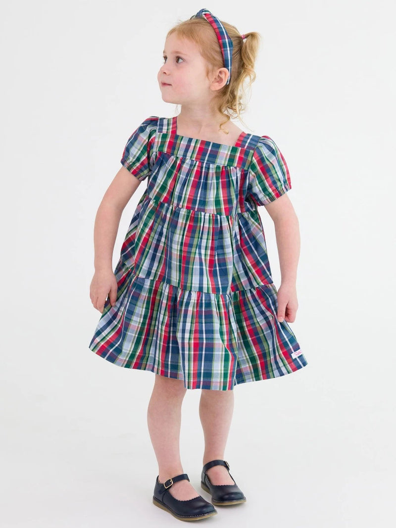 Prep School Plaid Puff Short Sleeve Tiered Dress