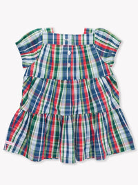 Prep School Plaid Puff Short Sleeve Tiered Dress