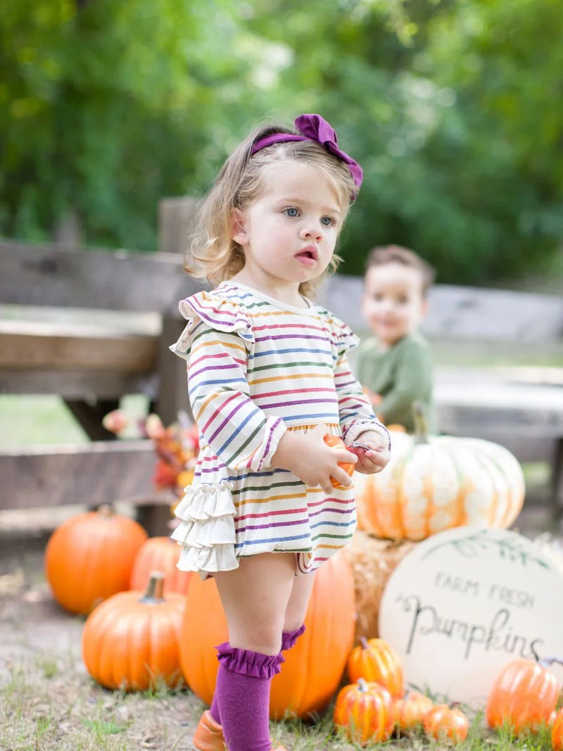 Countryside Rainbow Stripe Knit Long Sleeve Flutter Bubble Romper