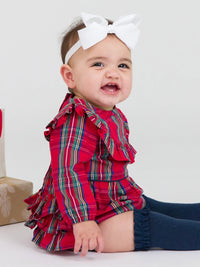 Tis the Season Plaid Long Sleeve Ruffle Trim Bubble Romper