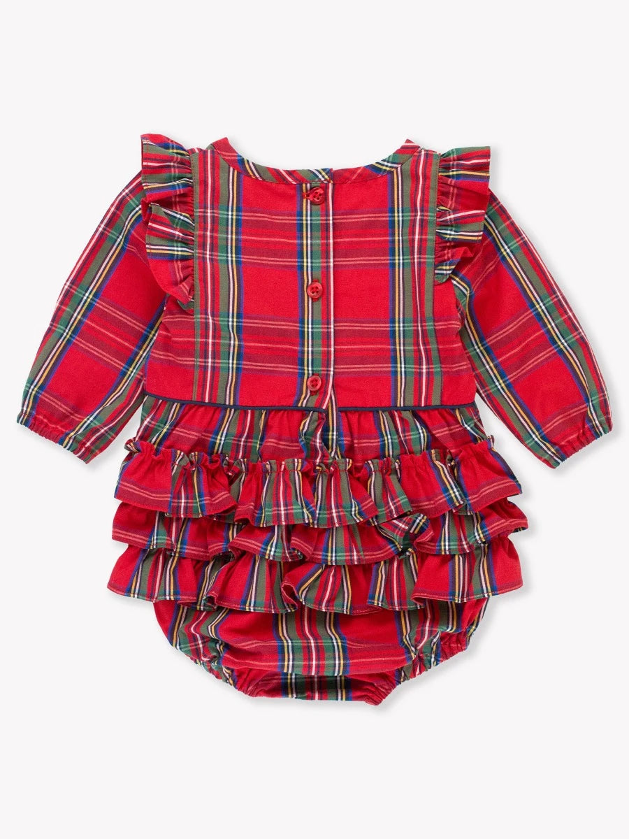 Tis the Season Plaid Long Sleeve Ruffle Trim Bubble Romper