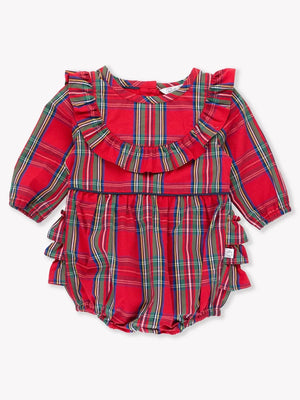 Tis the Season Plaid Long Sleeve Ruffle Trim Bubble Romper