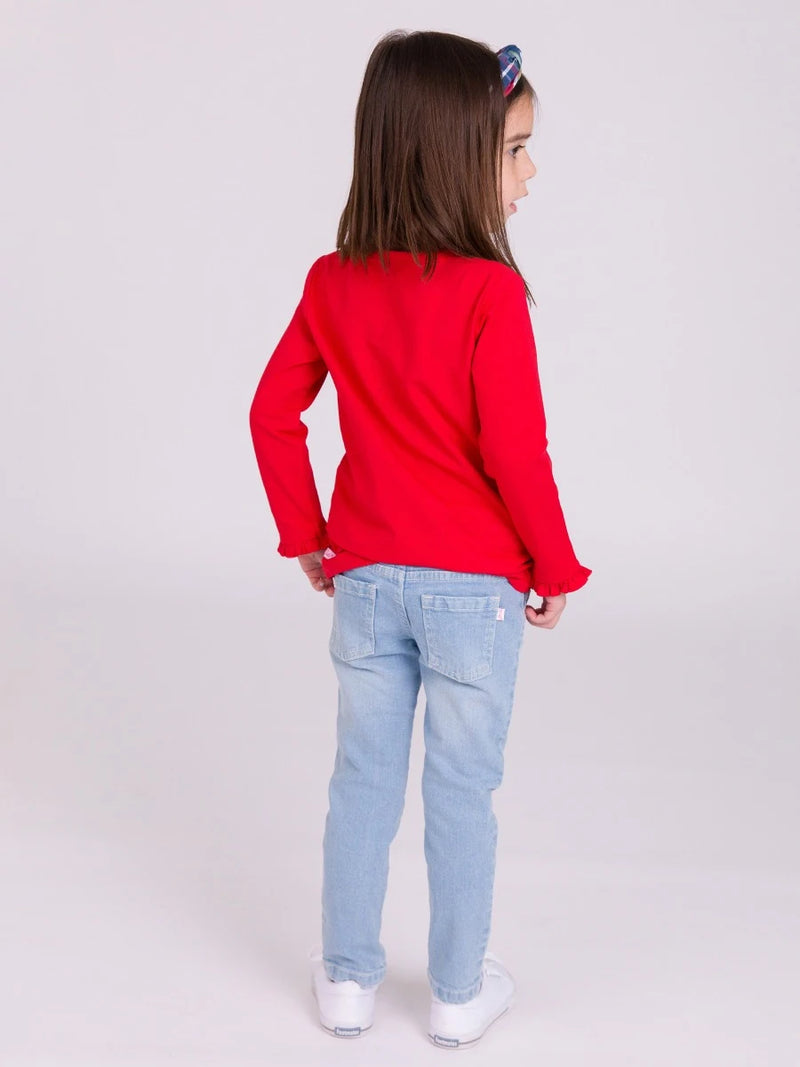 Red Knit Long Sleeve Ruffle Layering Tee