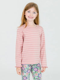 Pale Mauve & Ivory Stripe Knit Ruffle Long Sleeve Top