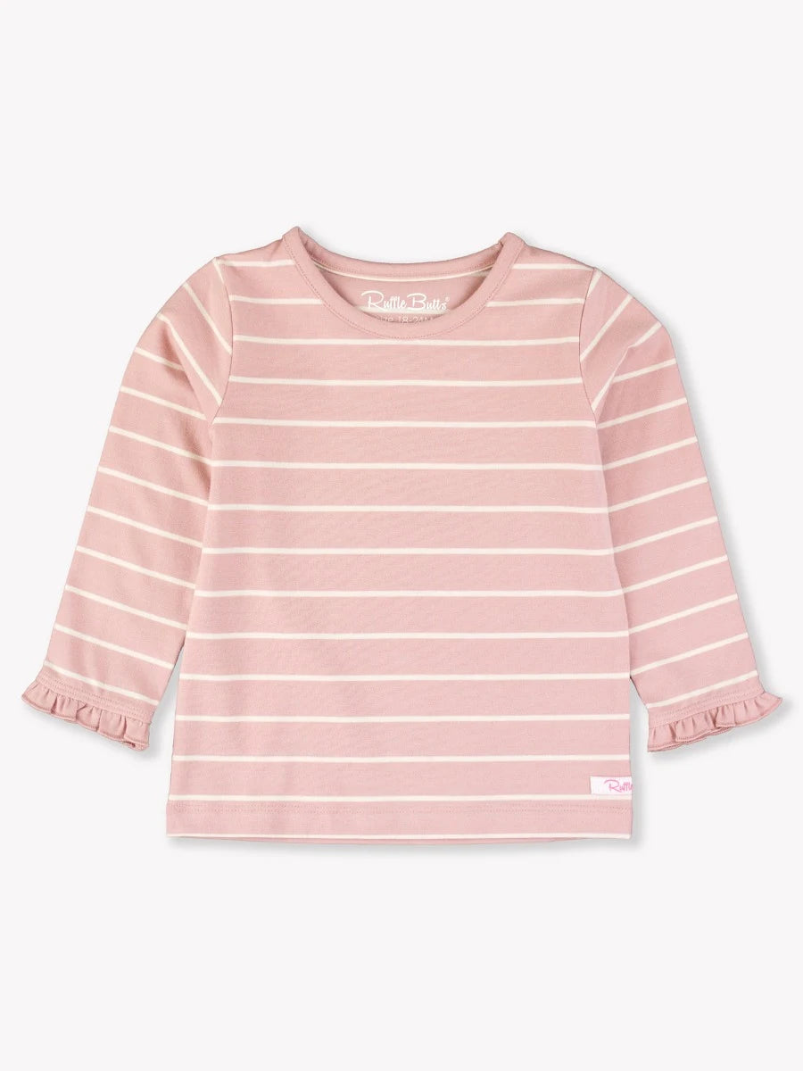 Pale Mauve & Ivory Stripe Knit Ruffle Long Sleeve Top