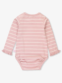 Pale Mauve & Ivory Stripe Knit Ruffled Long Sleeve Layering Bodysuit