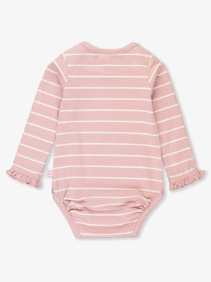 Pale Mauve & Ivory Stripe Knit Ruffled Long Sleeve Layering Bodysuit