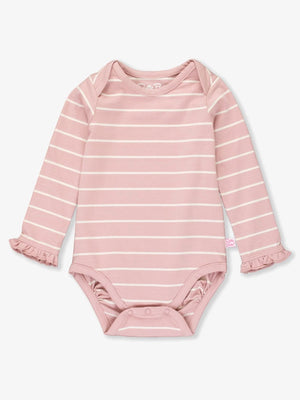 Pale Mauve & Ivory Stripe Knit Ruffled Long Sleeve Layering Bodysuit