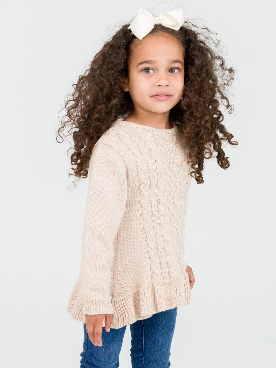 Ruffle Hem Cable Knit Sweater - Heather Oatmeal