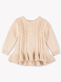 Ruffle Hem Cable Knit Sweater - Heather Oatmeal