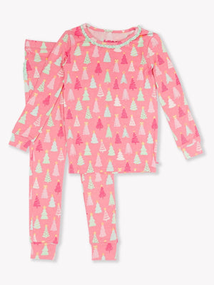 Merry Pink Pines - Toddler & Big Girl Ruffle Long Sleeve Pajama Set