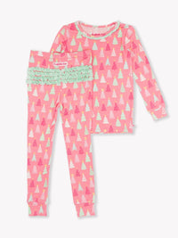 Merry Pink Pines - Toddler & Big Girl Ruffle Long Sleeve Pajama Set