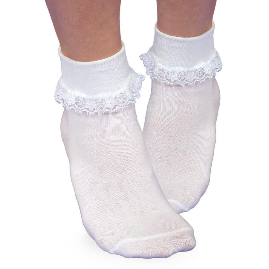 White socks with lace trim worn by a person on a white background