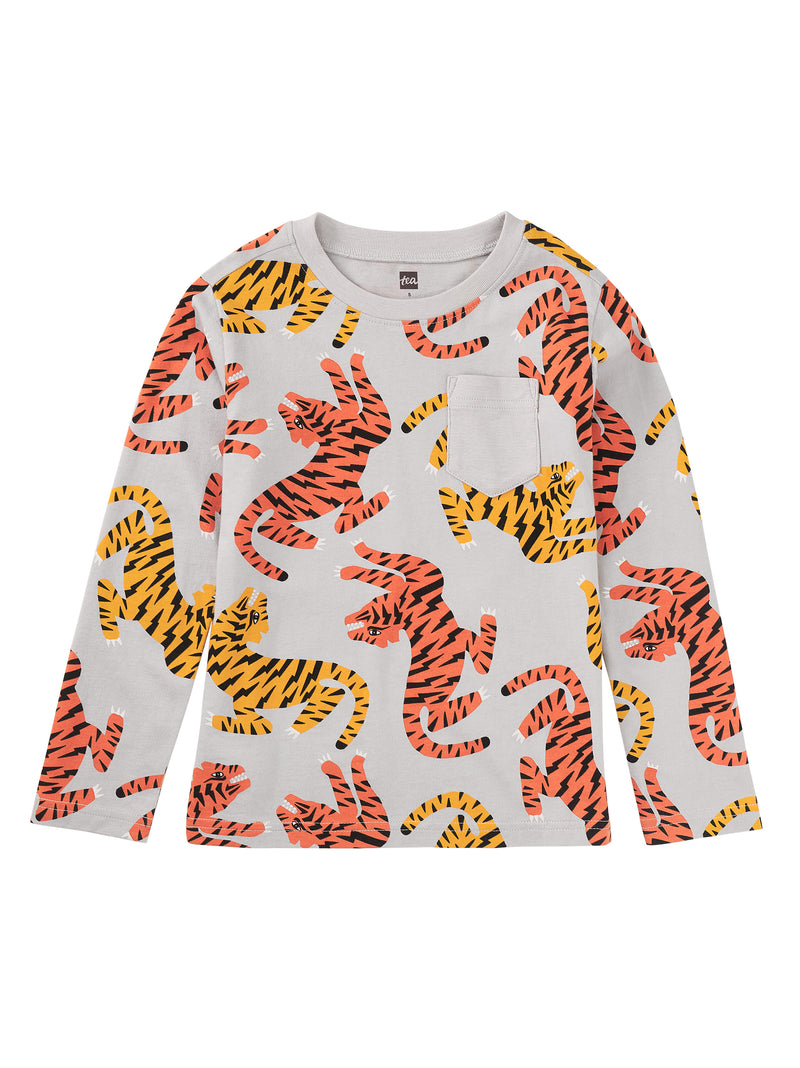 Long Sleeve Printed Pocket Tee - Lightning Tiger
