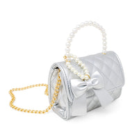 Quilted Pearl Handle Bow Ribbon Handbag - Silver