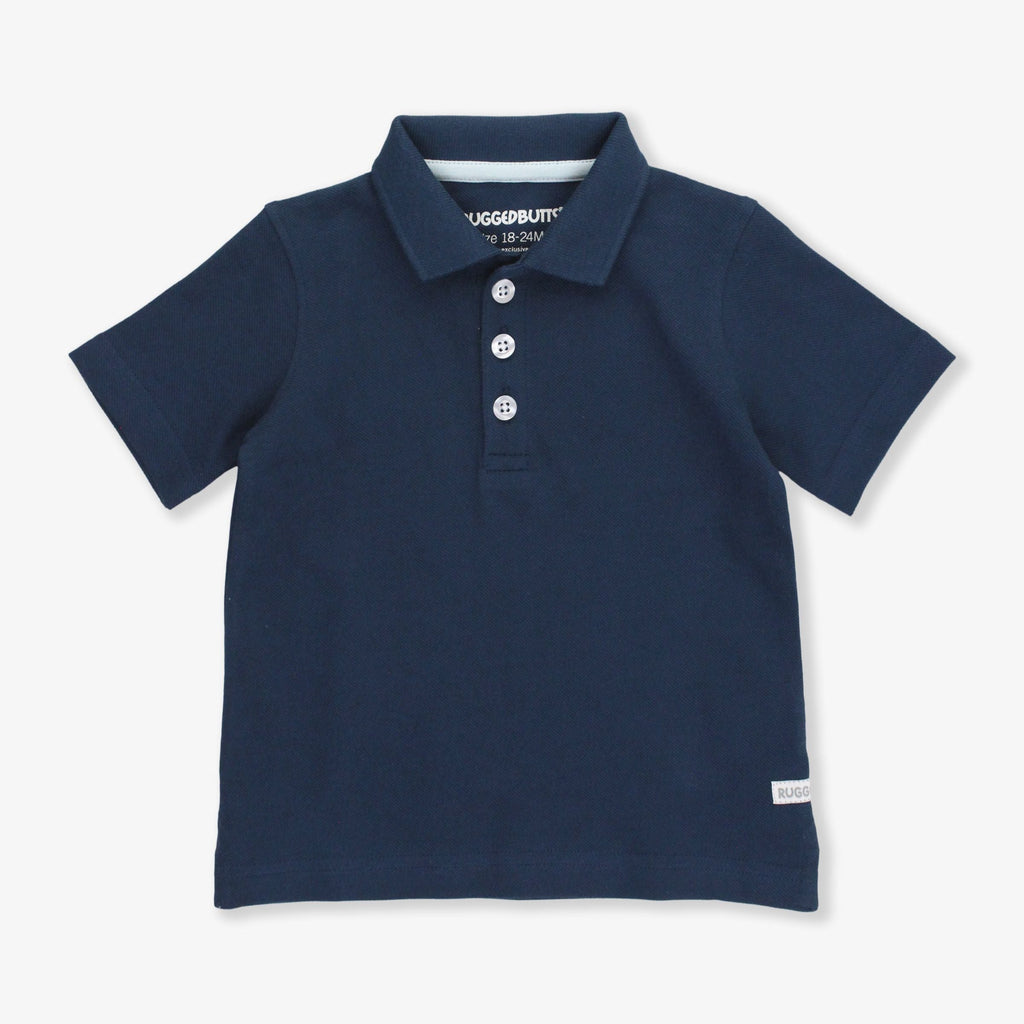 Navy blue polo shirt with brand logo on a white background