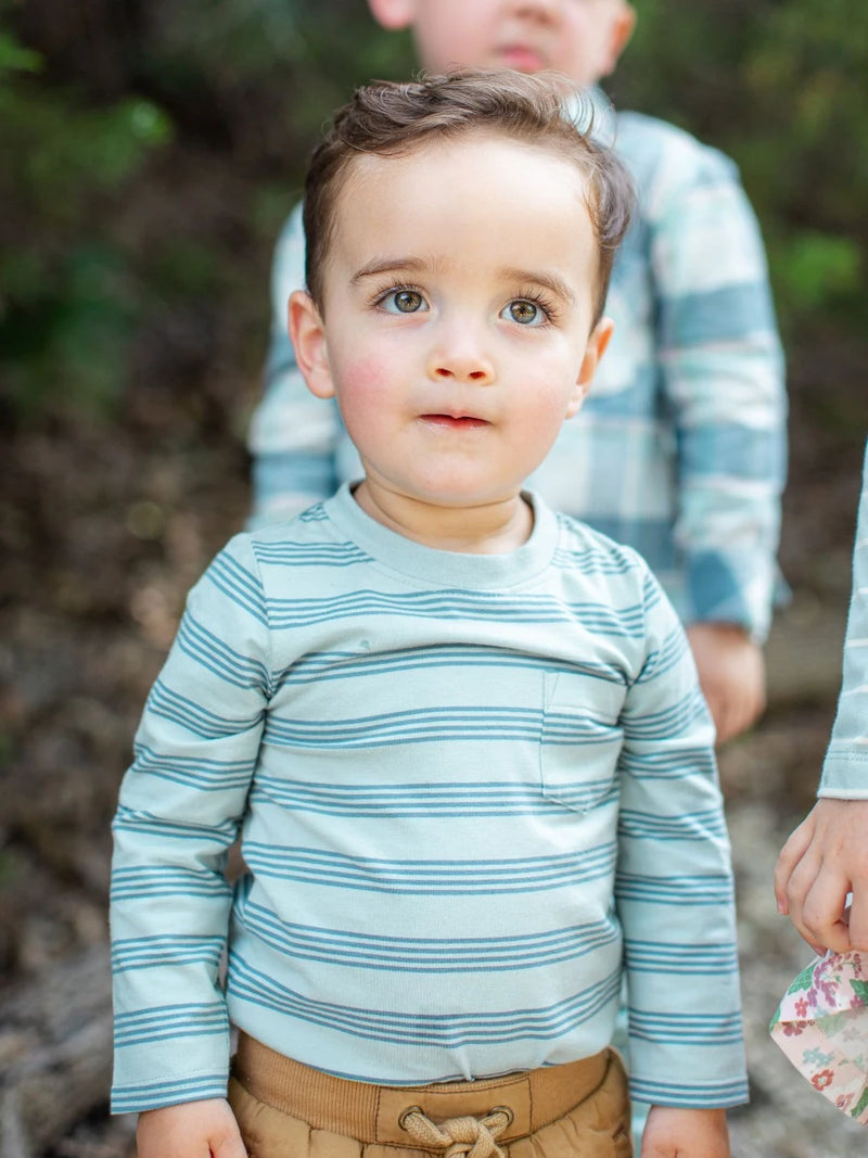 Cloud Blue Multi Stripe Crew Neck Pocket Bodysuit