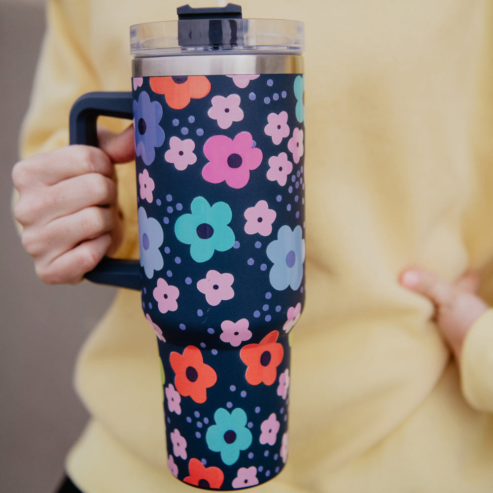 Tumbler Cup with Handle - Navy Daisy