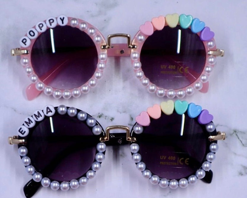 Personalized Round Sunglasses with Rainbow Hearts