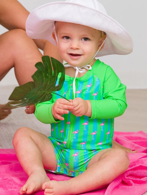 Neon Flamingo Stripe - Boys Long Sleeve One Piece Rash Guard