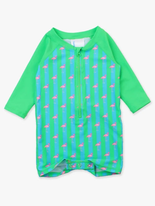 Neon Flamingo Stripe - Boys Long Sleeve One Piece Rash Guard