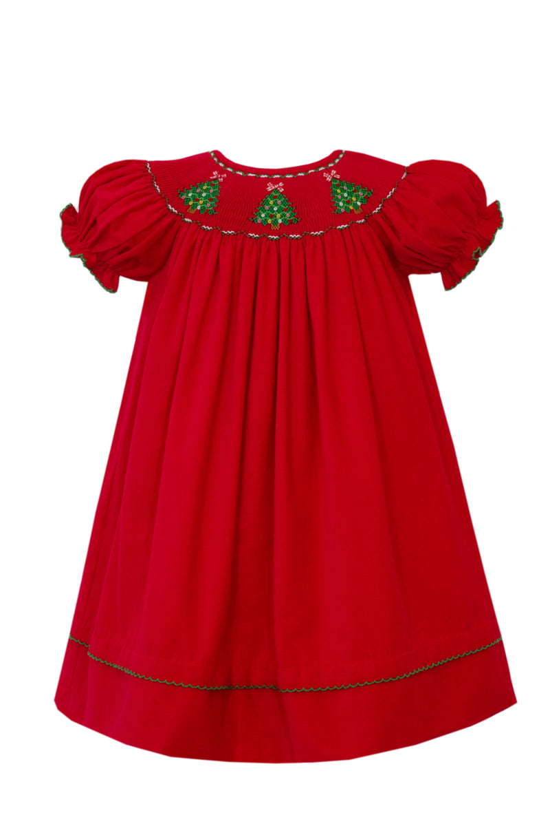 Red Corduroy Bishop Dress - Smocked Christmas Trees