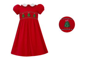 Red Corduroy Dress - Smocked Christmas Trees