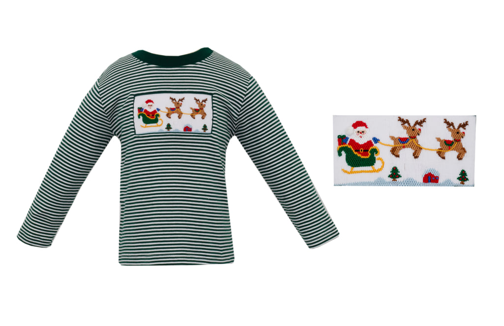 Santa's Sleigh - Green Stripe Knit Smocked LS Shirt