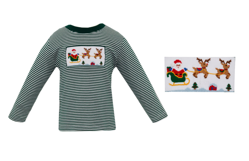 Santa's Sleigh - Green Stripe Knit Smocked LS Shirt