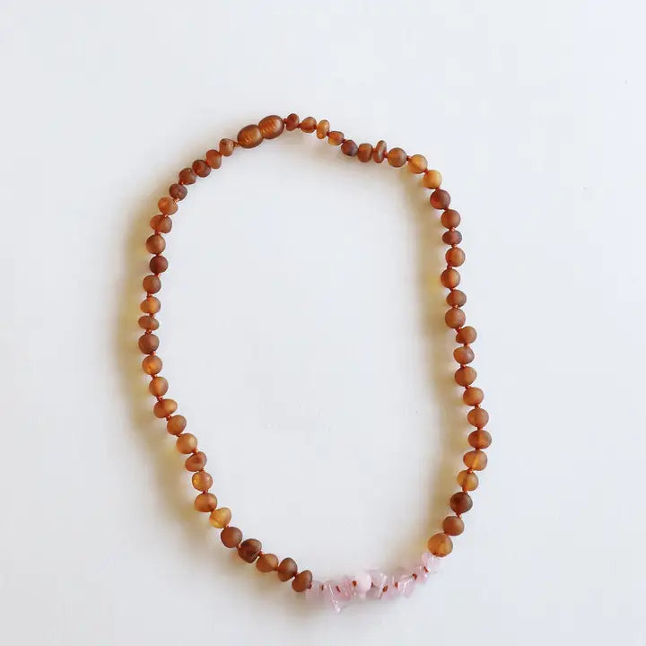 Raw Cognac + Raw Rose Quartz - Baltic Amber Necklace