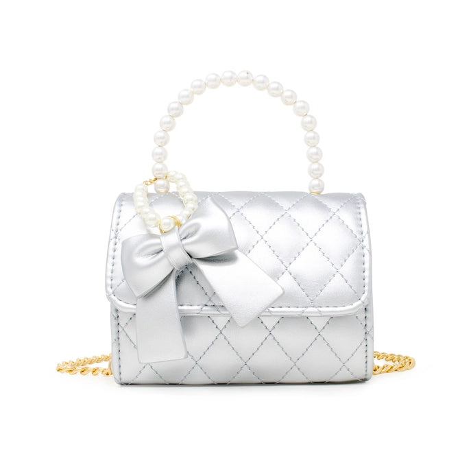 Quilted Pearl Handle Bow Ribbon Handbag - Silver