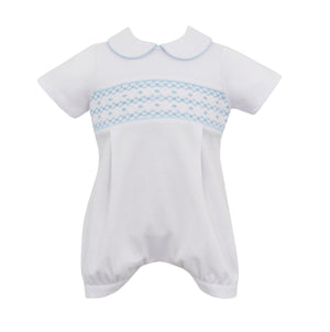 White Knit with Blue Smocking Short Romper