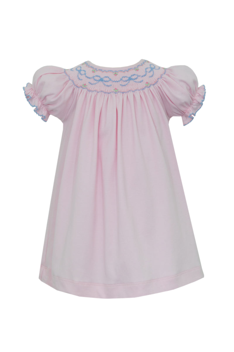 Blue Bow Smocked Pink Knit Bishop Dress