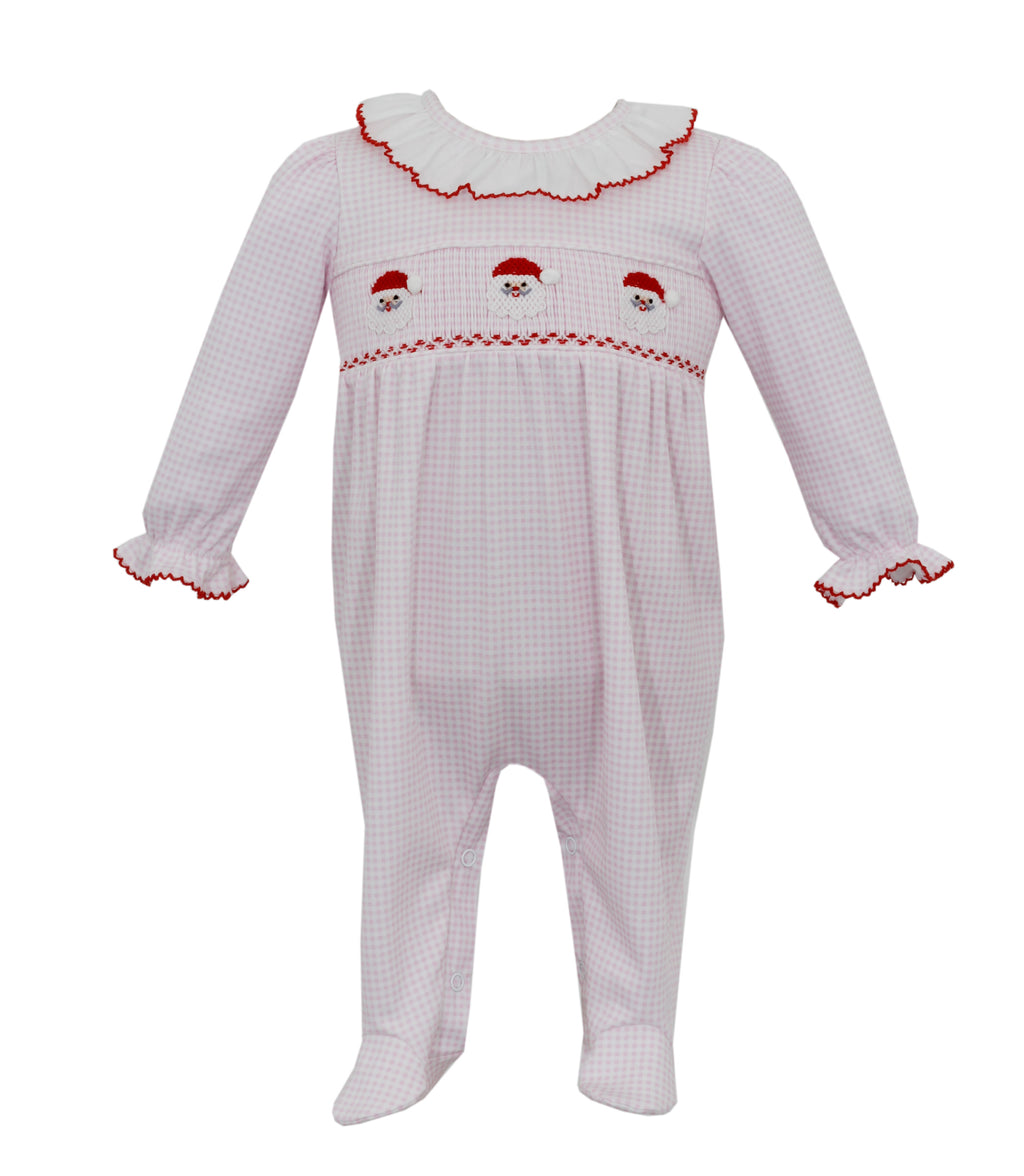 Pink Gingham Smocked Santa Footie