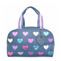 Metallic Heart-Patched Denim Medium Duffle Bag