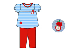 Periwinkle Blue Knit Stripe Apple Tunic & Red Leggings Set