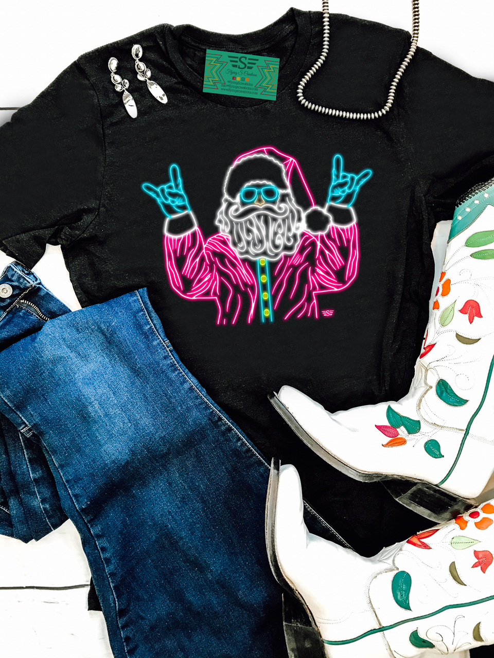 Neon Rocker Santa Tee - Pink & Black