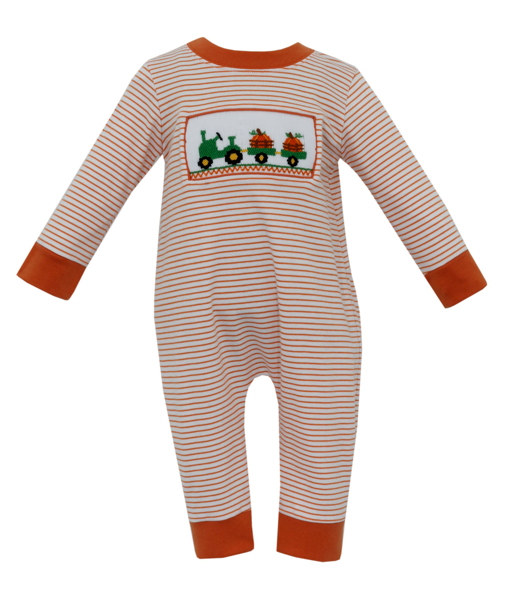 Smocked Pumpkin Tractor Striped Coverall