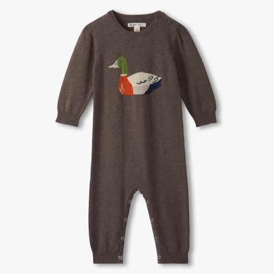 Brown baby onesie with a duck design on a white background