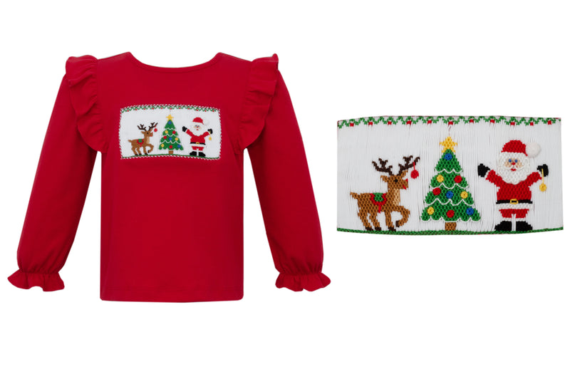 Santa is Coming - Smocked Red LS Ruffle Shirt