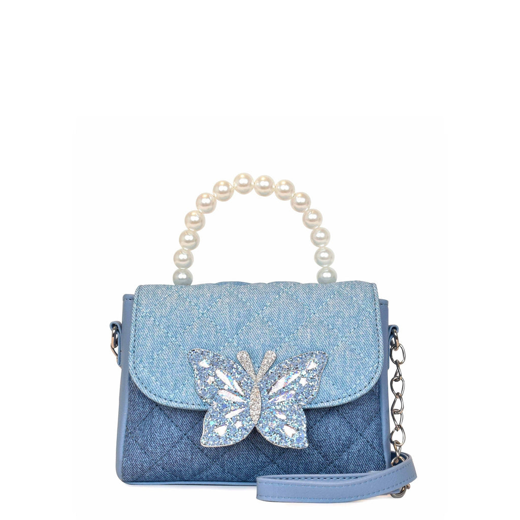 Denim Quilted Butterfly Top Handle Mini Bag